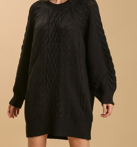 Round Neck Cable Knit Sweater Dress - Black