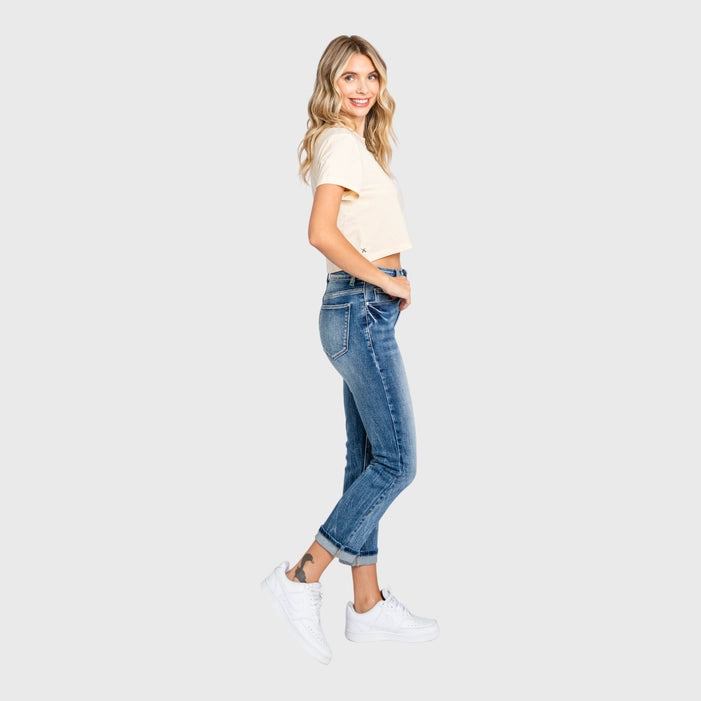 Petra153 High Rise Stretch Straight Jeans with Cuffed Hem