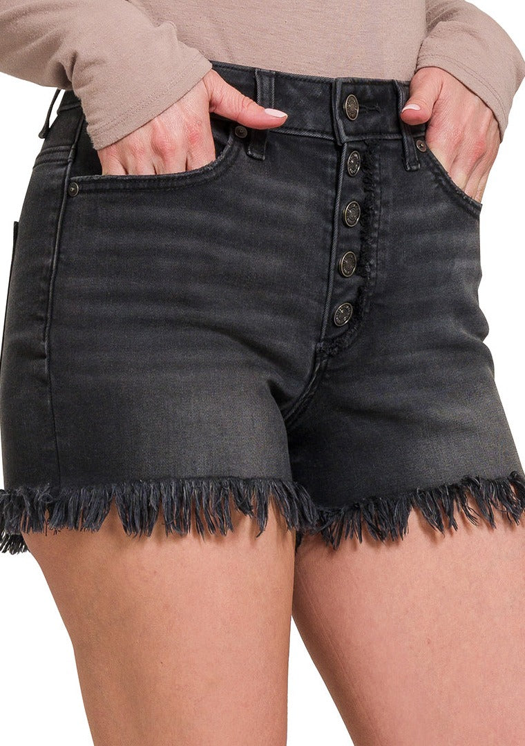Frayed Hem Button Fly Shorts-Black Washed