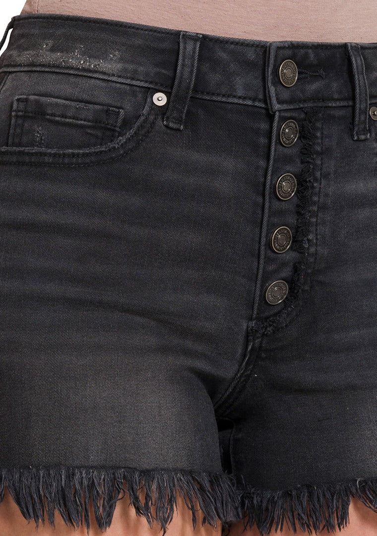 Frayed Hem Button Fly Shorts-Black Washed