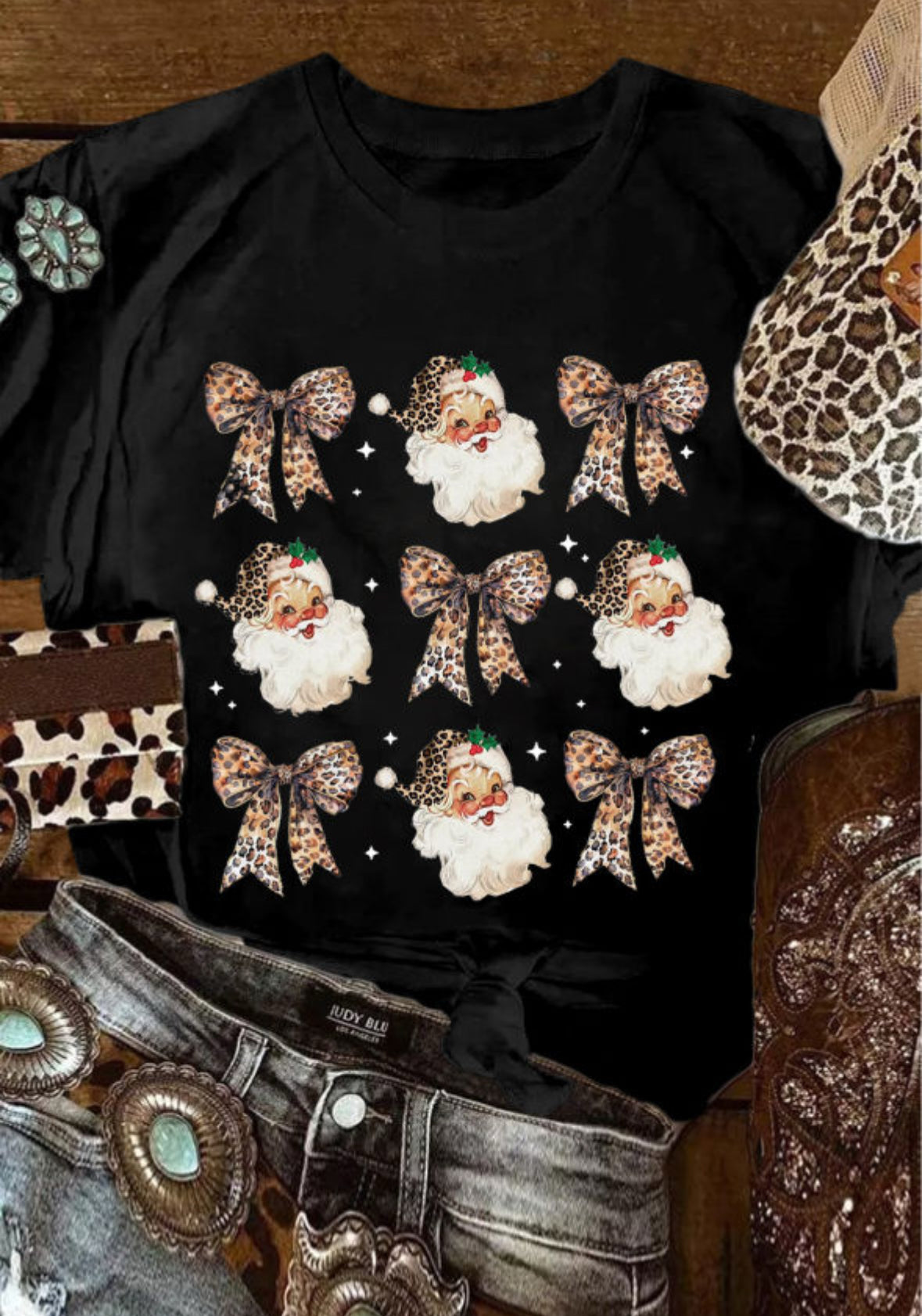 Leopard Bow Santa Tee