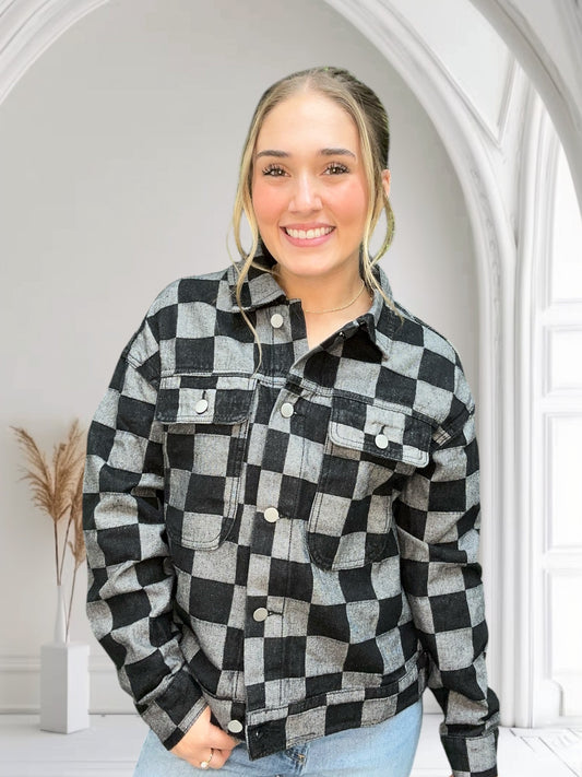 Black Checkered Denim Jacket