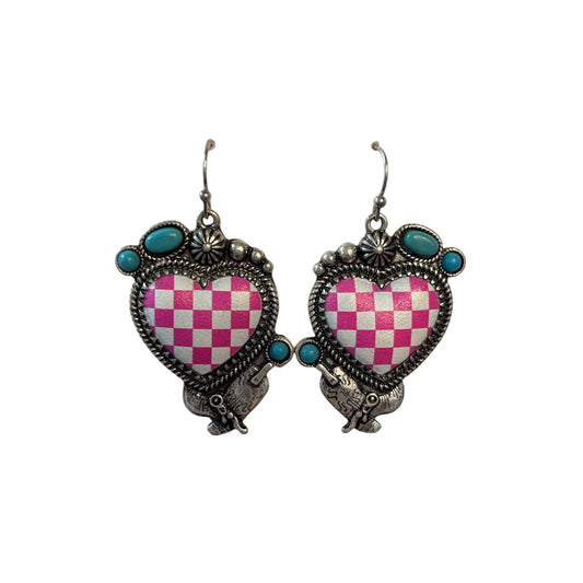 Checkered Heart Western Dangle Earrings | Pink