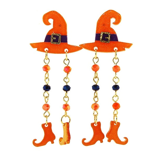 Resin and Bead Witch Hat Earrings | Orange