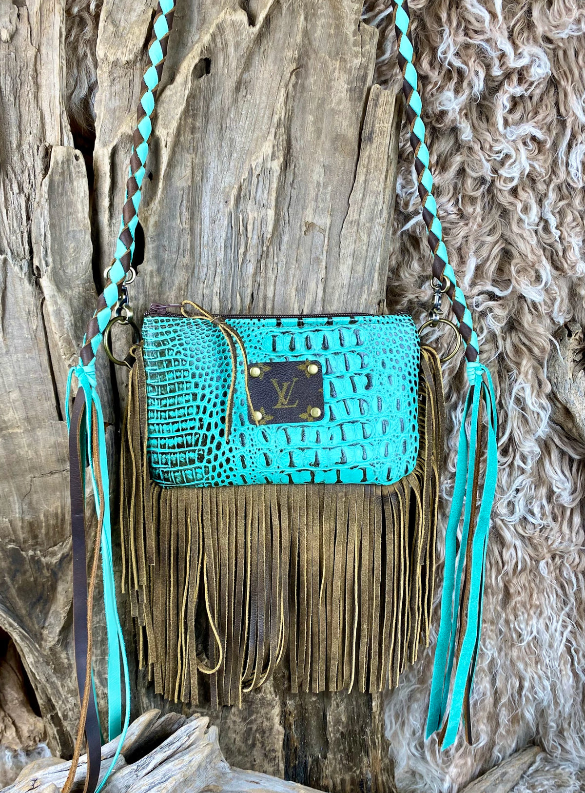 Upcycled Fiesta Olive Braid Strap - Turquoise Croc