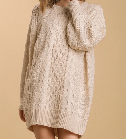 Copy of Round Neck Cable Knit Sweater Dress - Ivory