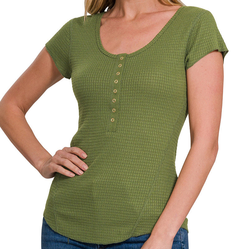 Snap Button Waffle Tee | Ash Olive