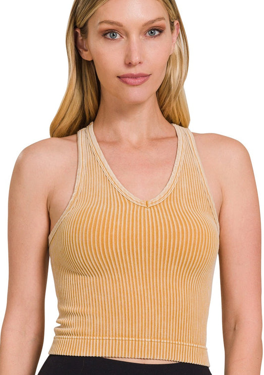 Ribbed Cropped Racerback V-Neck Tank-Washed Golden