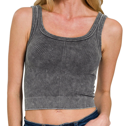 Stone Washed Ribbed Tank | Black