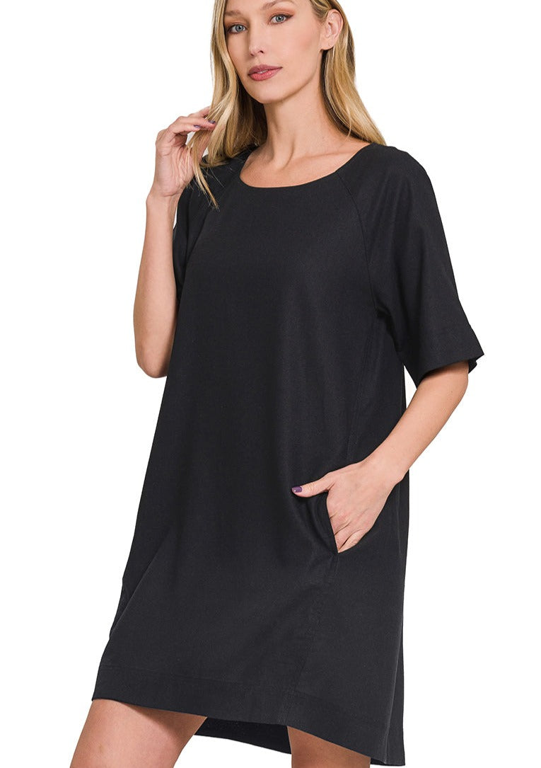 Short Sleeve Dress with Pockets-Black