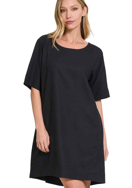 Short Sleeve Dress with Pockets-Black