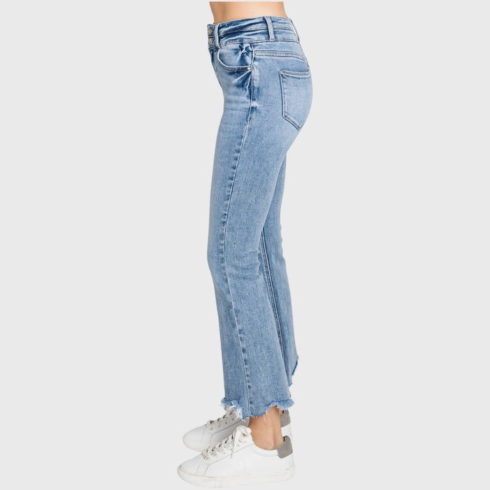 Petra153 High Rise Crop Bootcut Jeans with Frayed Hem