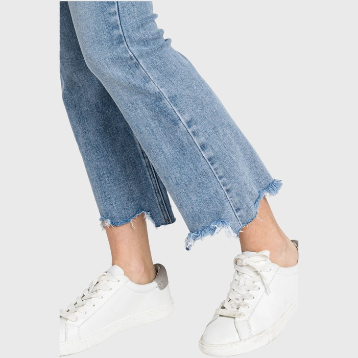 Petra153 High Rise Crop Bootcut Jeans with Frayed Hem
