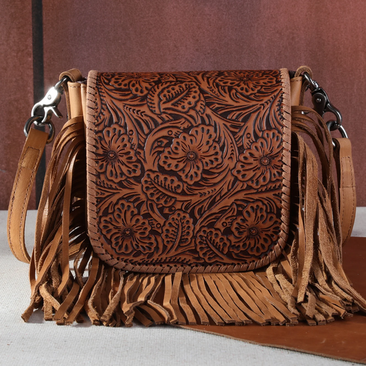 Montana West Genuine Leather Tooled Collection Fringe Crossbody - Light Brown