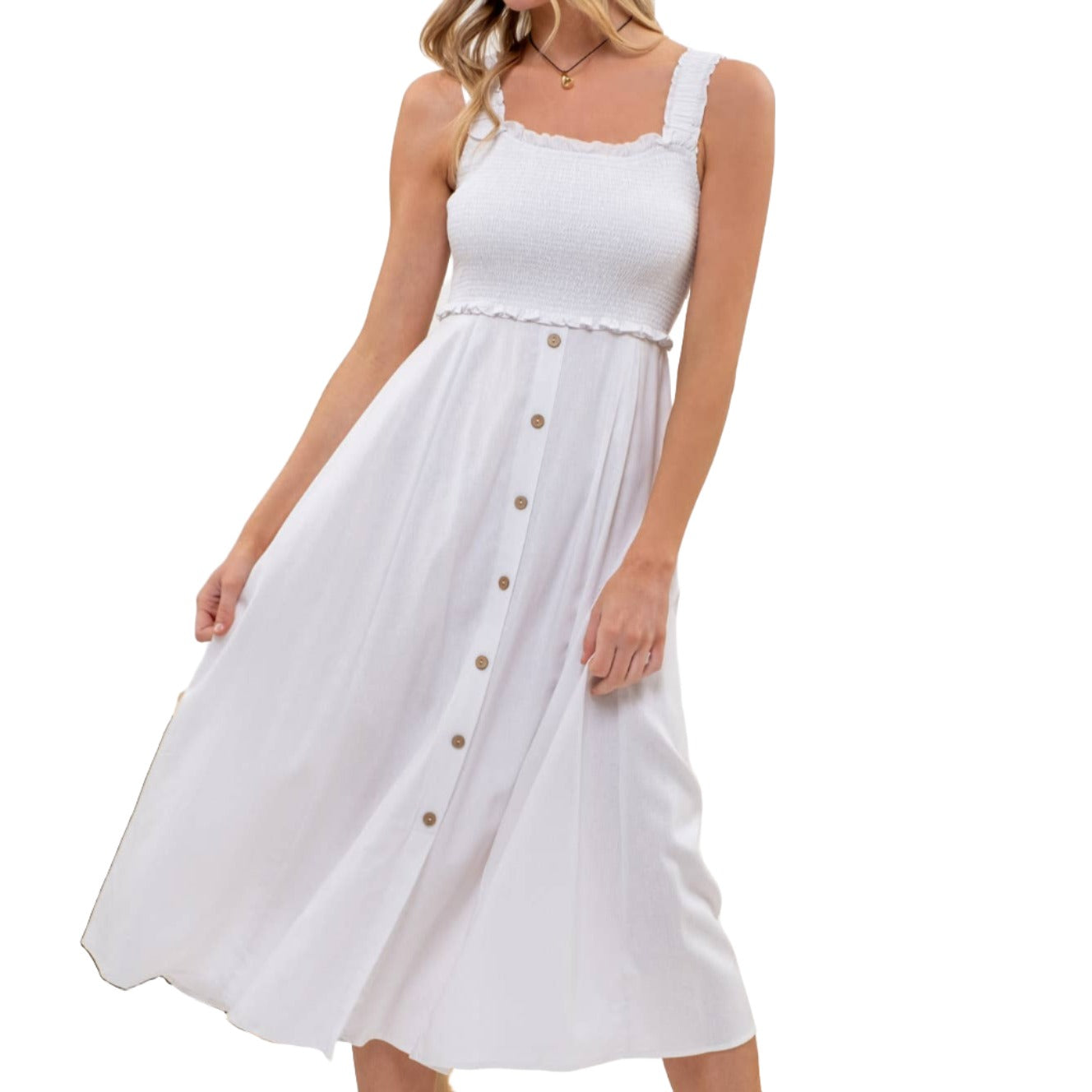 Smocked Sleeveless Button Down Midi Dress