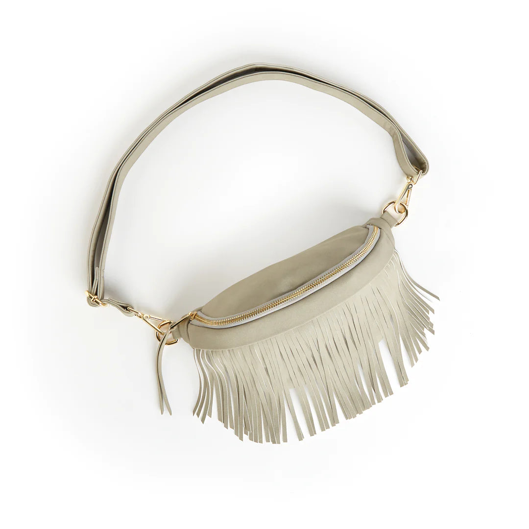 Suede Bum-Hip Bag with Removable Fringe - Grey
