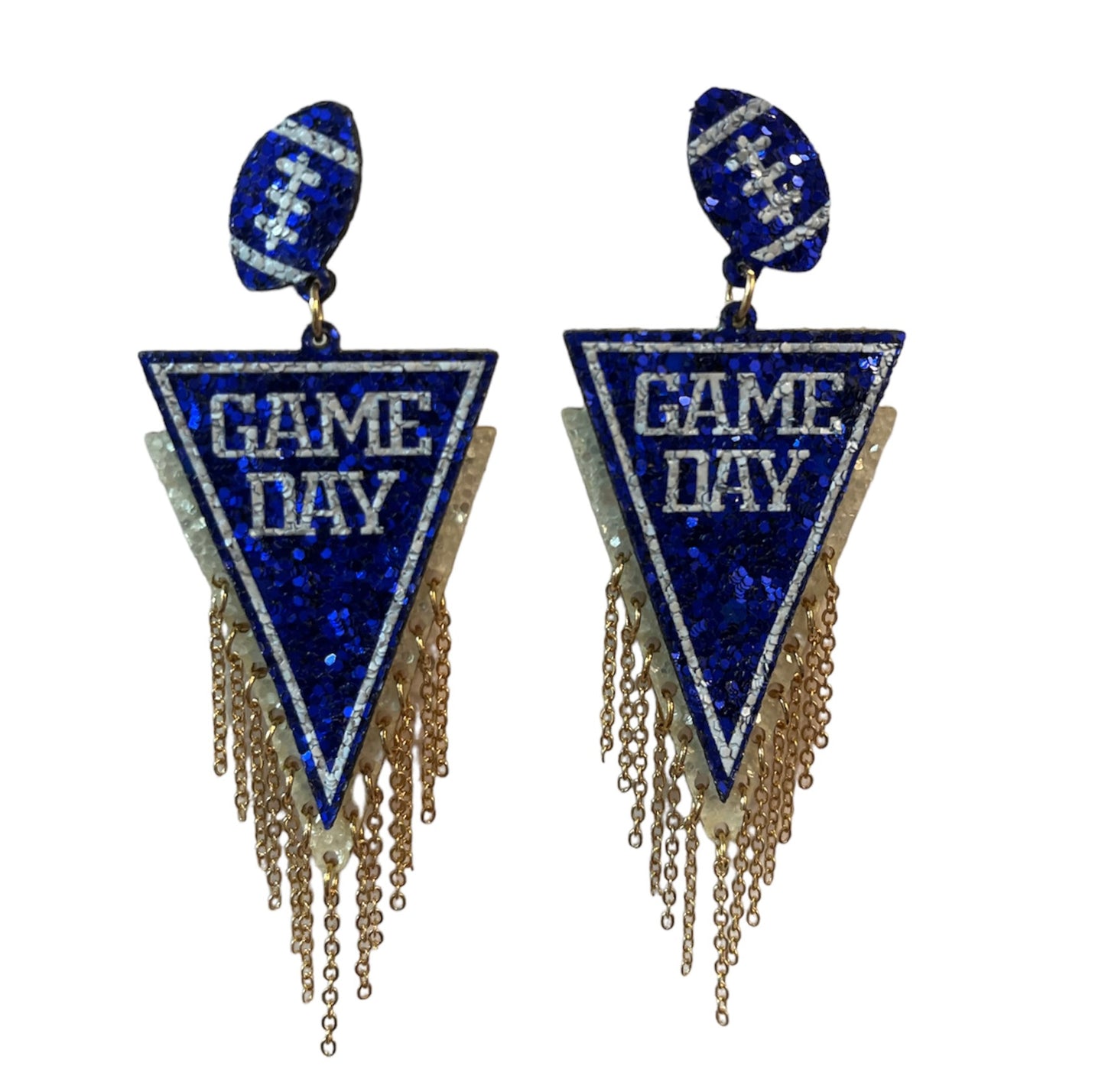 Glitter Game Day with Gold Chain Tassel Earrings-Blue