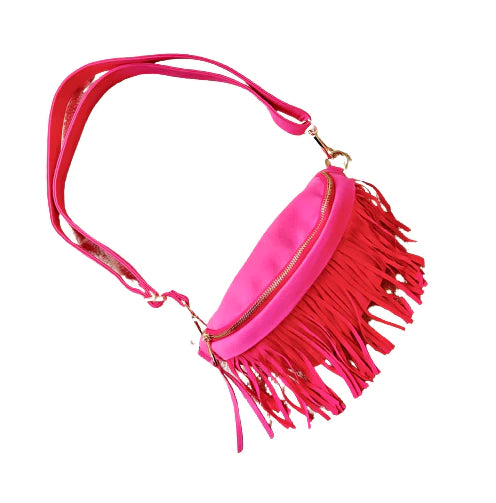 Suede Bum-Hip Bag with Removable Fringe - Hot Pink