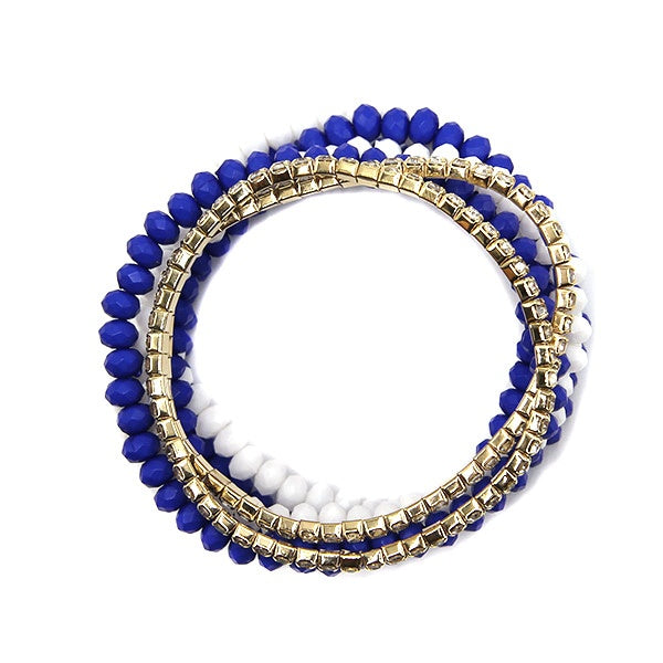 7 Piece Stretch Bead and Rhinestone Bracelet - Blue/White