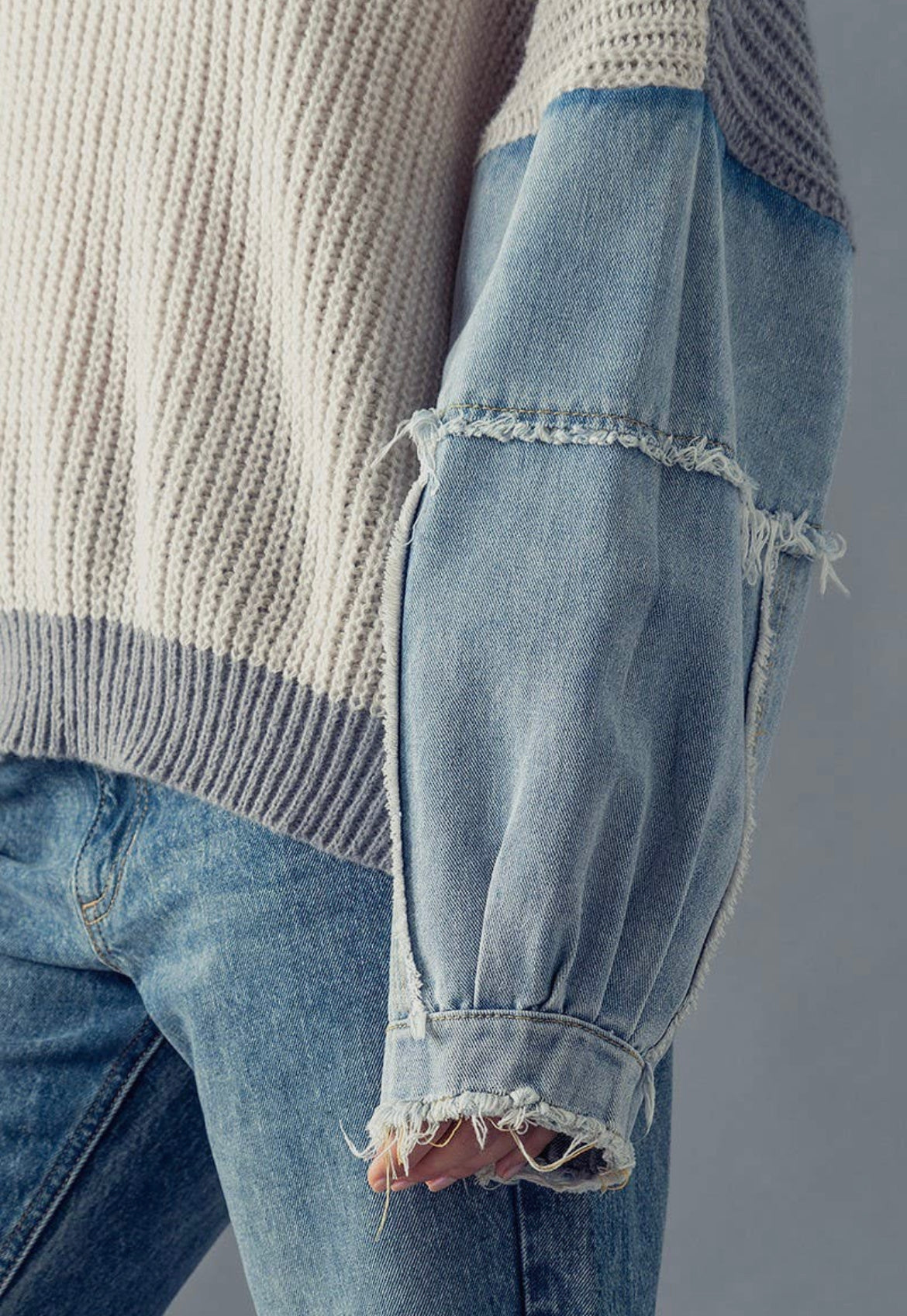 Denim Sleeve Drop Shoulder Knit Sweater - Grey