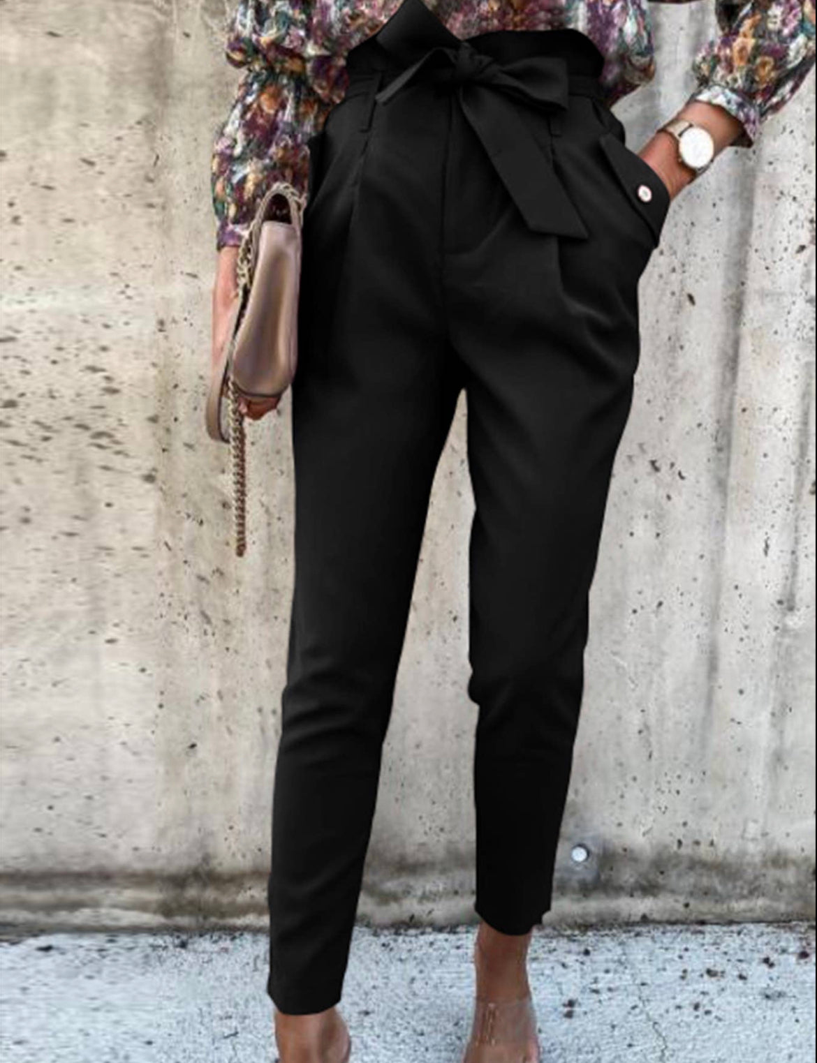 Black Paperbag Trouser Pants with Button Details
