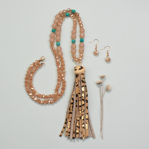 Leopard Print Tassel Beaded Necklace