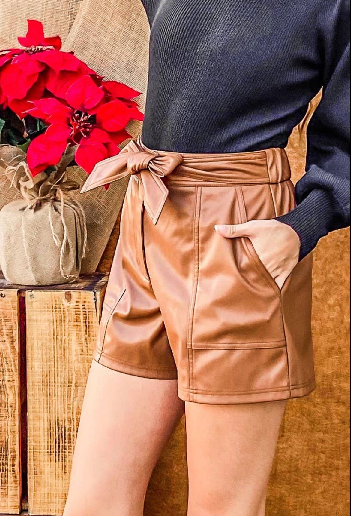 Faux Leather Shorts with Waist Ribbon
