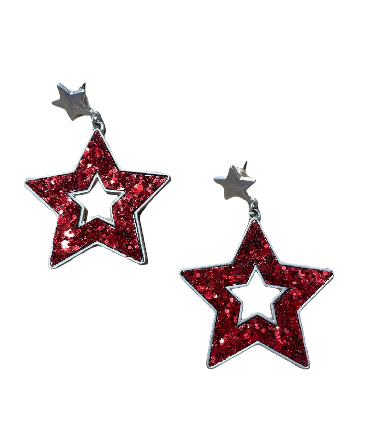 Silver and Red Glitter Dangle Stars
