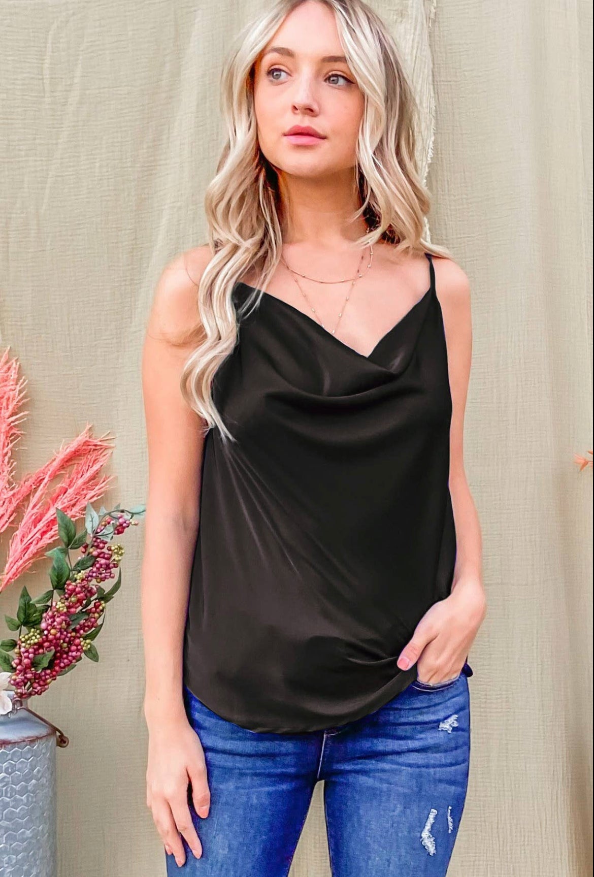 Satin Casual Cami with Adjustable Strap in Black