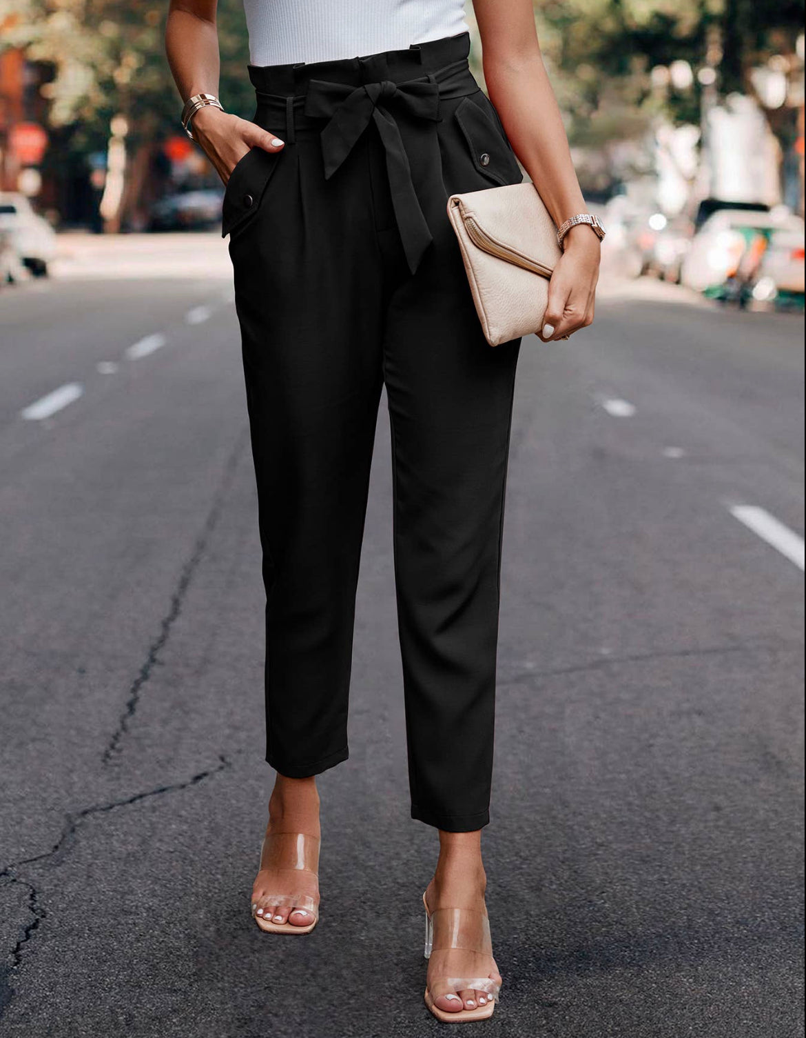 Black Paperbag Trouser Pants with Button Details
